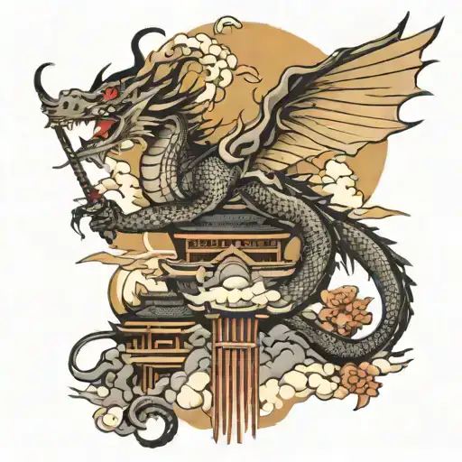 Japan Dragon Flying Wih Geisha Holding A Katana On Background Japan Gate And Japan Castle On Back