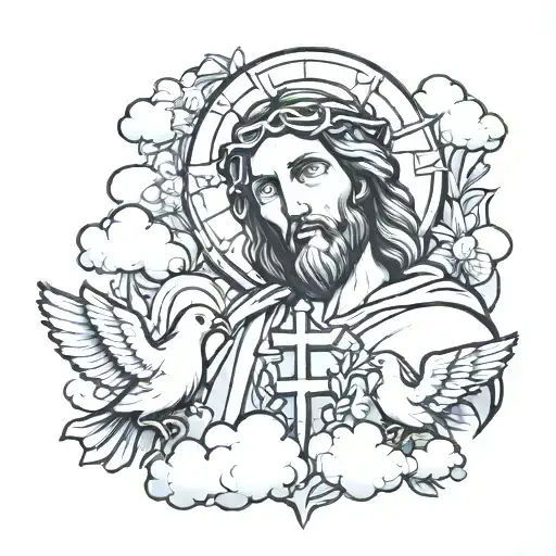 Jesus With Cross And Doves With Clouds