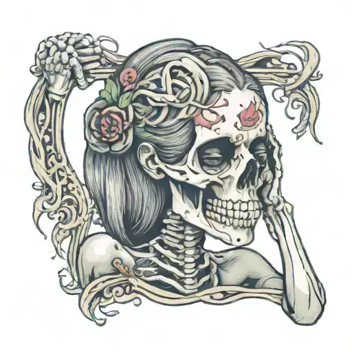 A Woman Skeleton Holding Her Head That Has Melting Flesh Surrounded By The Words Living Dead Girl