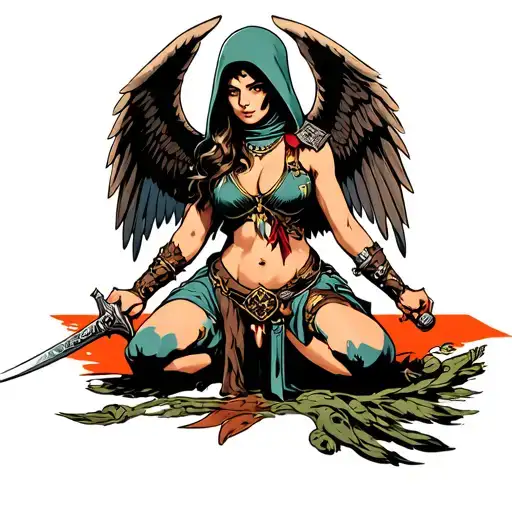 Amazon Warrior Woman Sword Wings Hood Kneeling