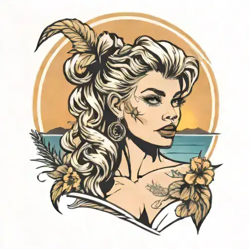 Ibiza Sunset Background With Pinup Girl With Blonde Hair And Brown Eyes