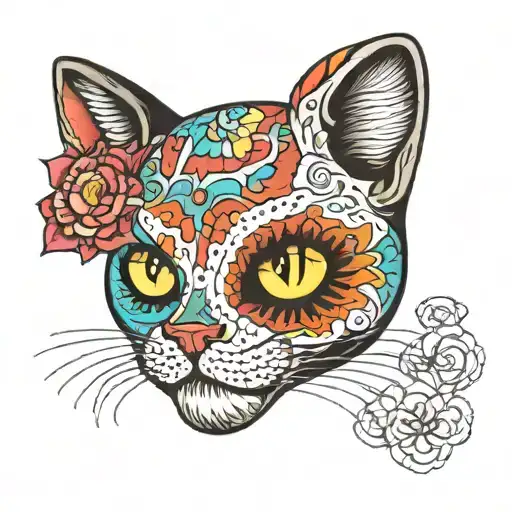 Cat Face On Multicolour Sugar Skull Adorned Skull Surrounded