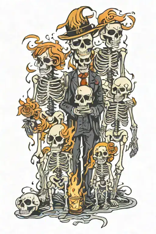 Skeleton Man And Two Skeleton Children By Fire