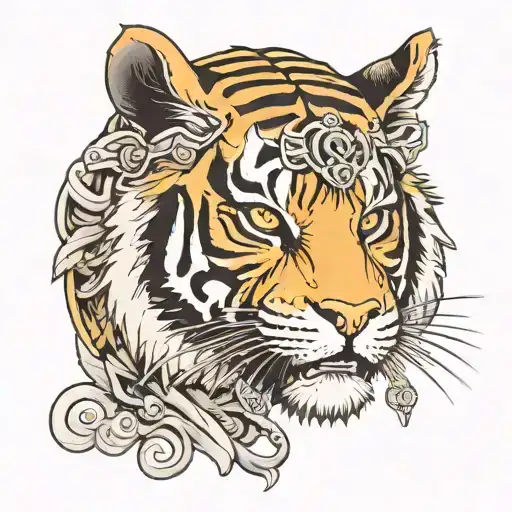 Tiger Head With Samurai Helm In A Japanese Design