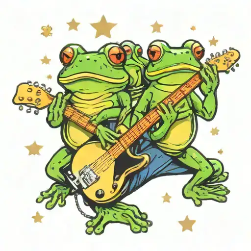 A Group Of Rock Band Frogs Playing Instruments Under A Stary Night Sky