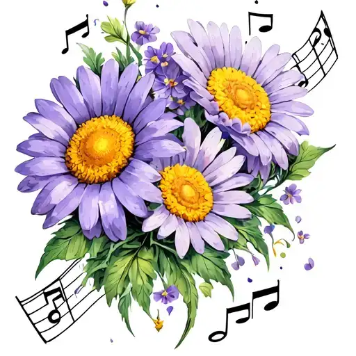 Daisy & Violet Flowers With Musical Notes Floating