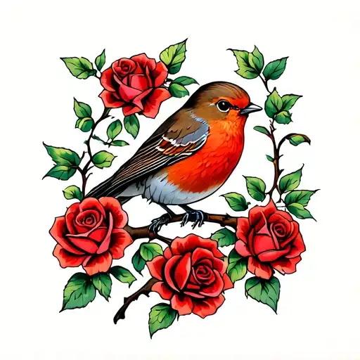 Robin On Branch Surrounded By A Lot Of Red Roses