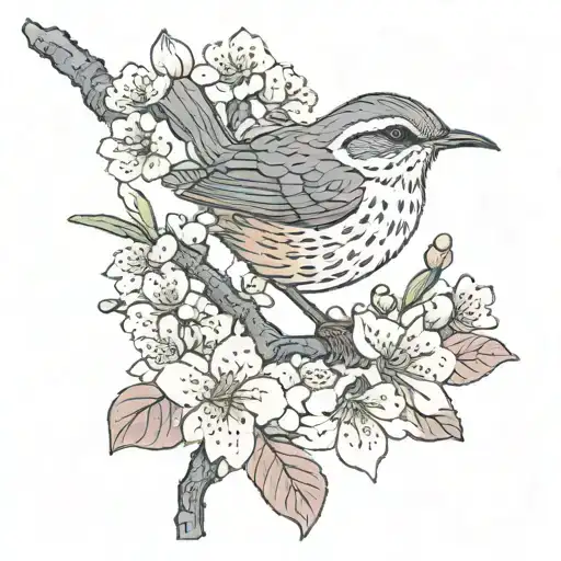 A Bewick's Wren Bird Resting On A White Plum Blossom Branch