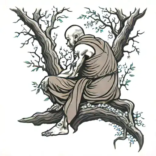Back Of A Monk Sitting Under A Tree