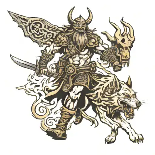 Demon Viking Warrior Walking In Skulls With Wolf