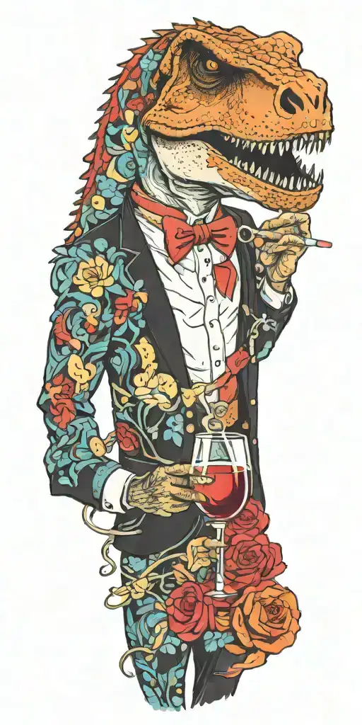 Aquarius Zodiac Sign Entangled With A T-rex In A Tuxedo Serving Wine And Smoking A Cigarette