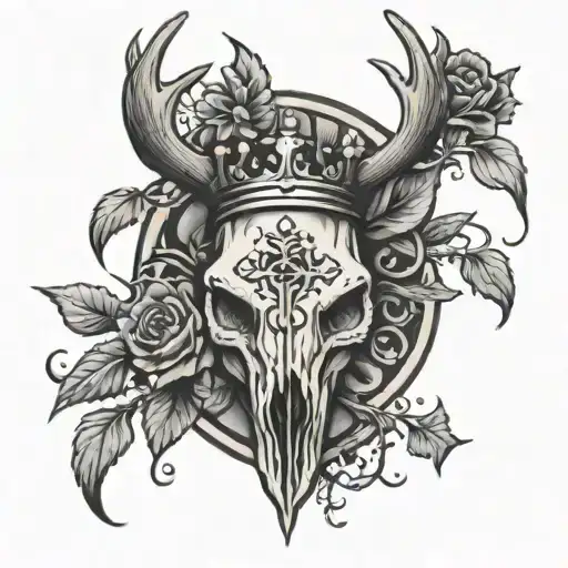 Cross Tattoo With Deer Skull Wearing A Crown