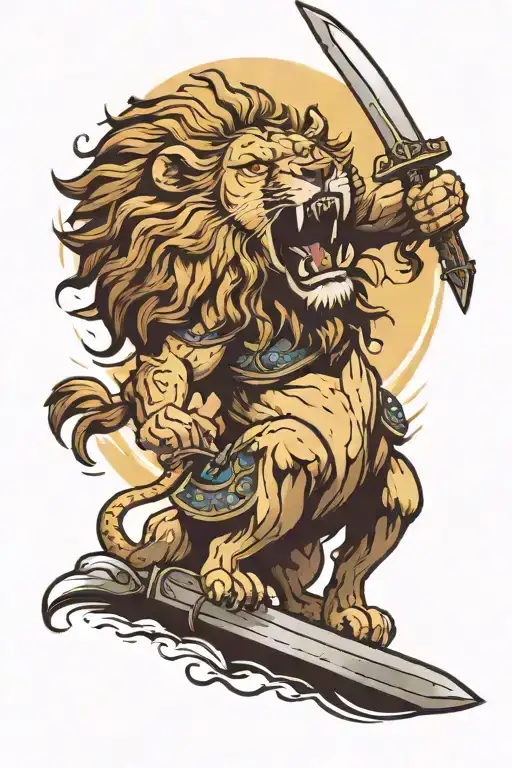 Lion Carryting A Sword In His Mouth Coming Down From A Mountain With Sunlight In The Background