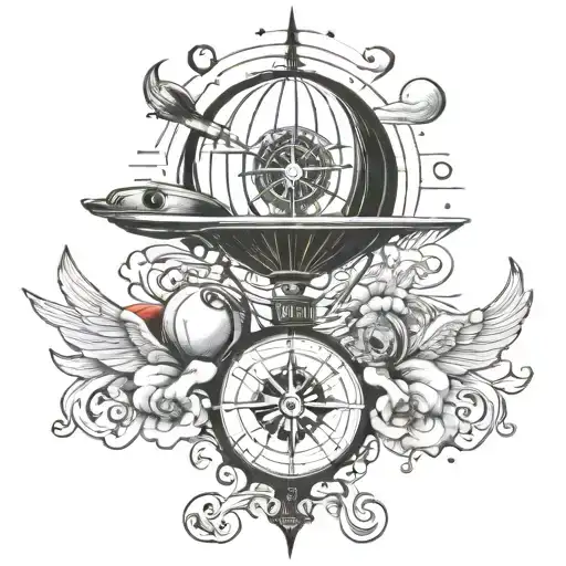 Compass Rose With Ufo Saturn Hot Air Ballon Plane