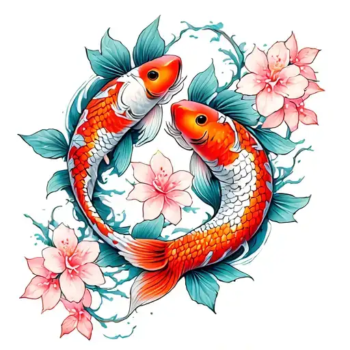 Two Koi Fish With Cherry Blossom Leaves Intertwined
