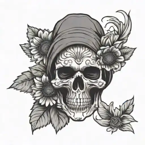 Skull In A Balaclava With Gerbera Flowers Around It