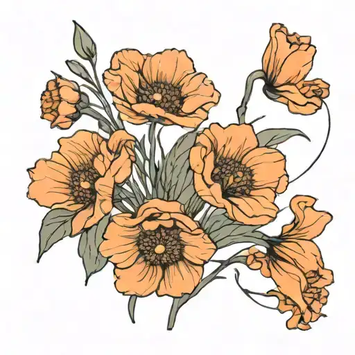 One Line Bouquet Of One Poppy Flower And Two Narcissus Flowers Small