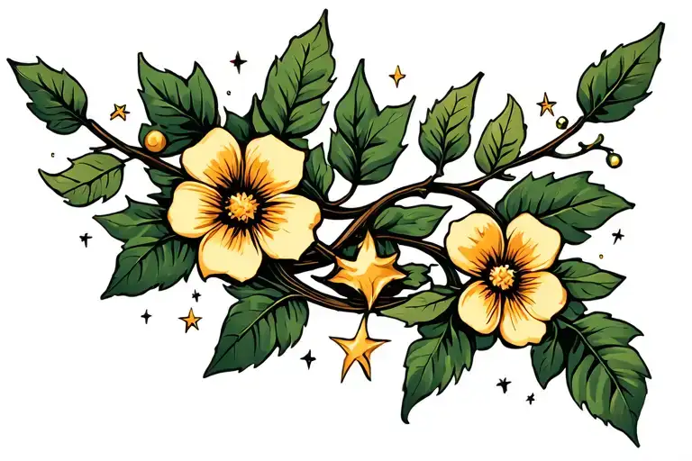 Vine With Leaf And Flower Intertwined And Stars Forming