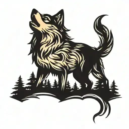 Wolf Howling At Full Moon With Forest Landscape