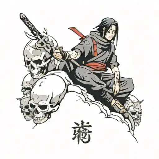 Itachi Uchiha Sits On A Mountain Of Skulls With A Sword In His Left Hand