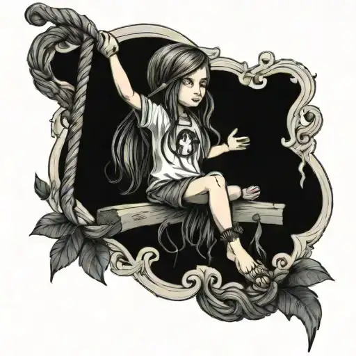 A Little Girl With Long Dark Hair On A Rope Swing