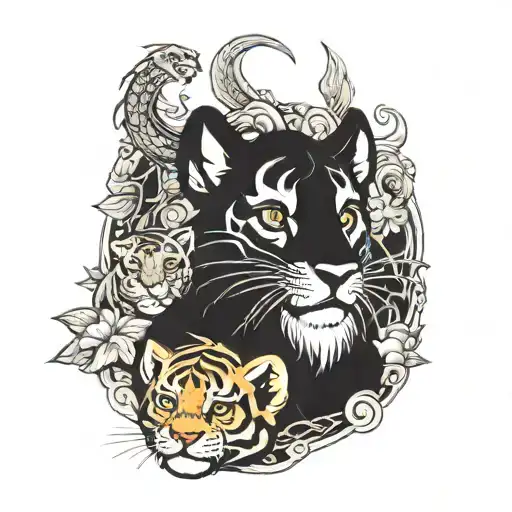 Dog Protecting Baby Dragon And Baby Tiger Half Sleeve On Arm