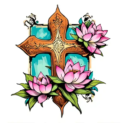 Religious Cross Carrying Small Lotus Flowers