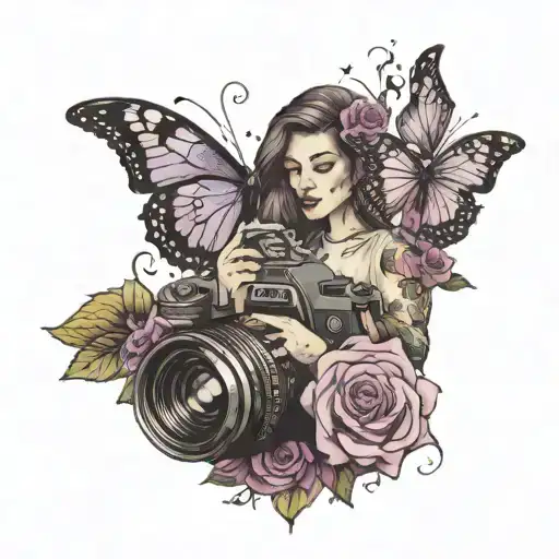 A Mother Holding A Camera With A Trail Of Butterflies And Purple Roses Leading To Her