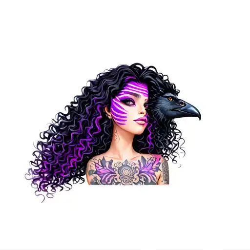 Girl With Curly Raven Hair And Neon Purple Skunk Stripes