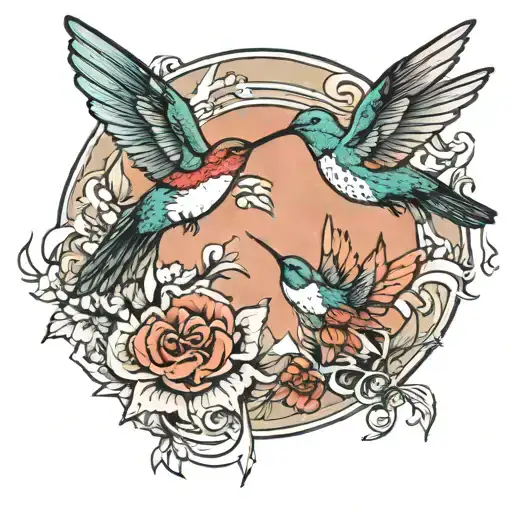 2 Hummingbirds Flying Together With Mountains And Forest In Background