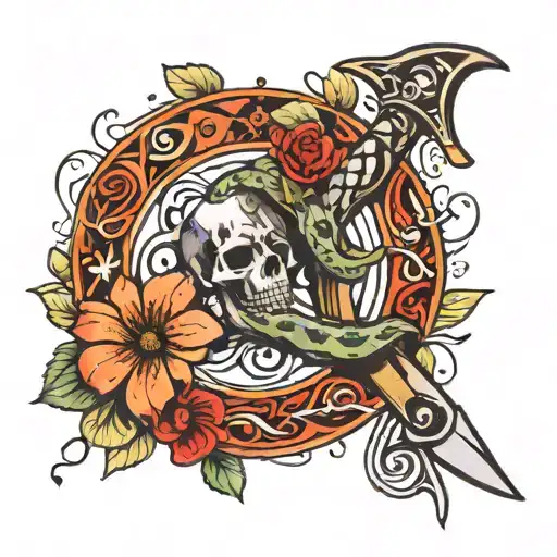 Knife Surrounded By Music Notes And A Snake With Flowers