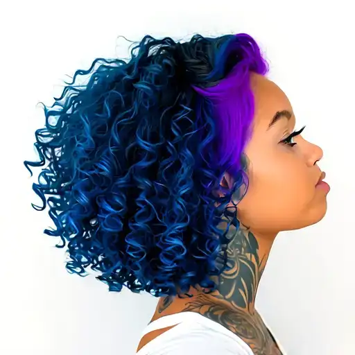 Girl With Curly Raven Blue Hair And Neon Purple Skunk Stripe Highlights In Her Hair