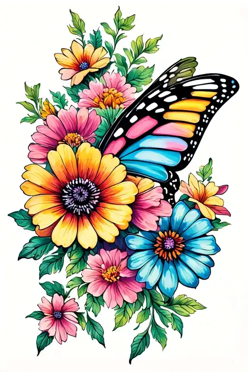 Butterfly With Flowers Going Through It On The Top And Bottom In A Line