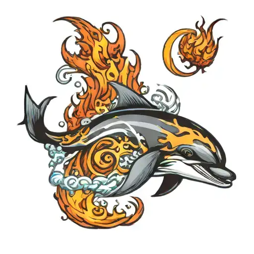 Dolphine Swimming In Water And Fire Flames