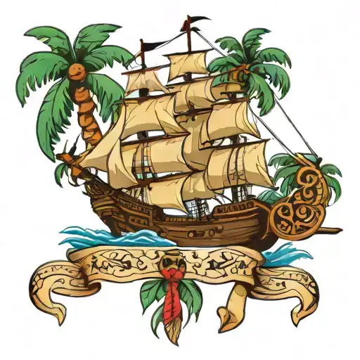Pirate Ship With Palm Tree And Native American Holding A Bow