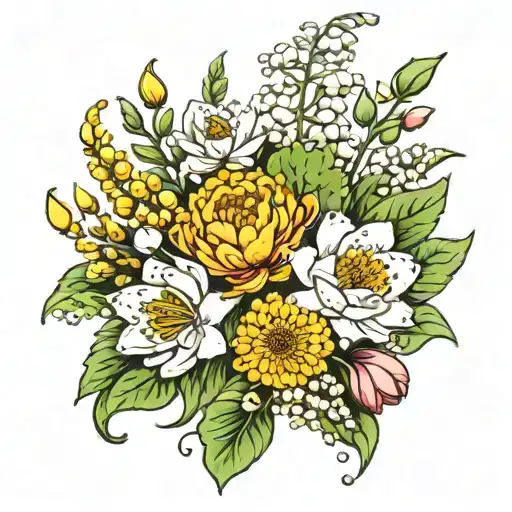 A Bouquet Of Lily Of The Valley Waterlily Marigold Chrysanthemum