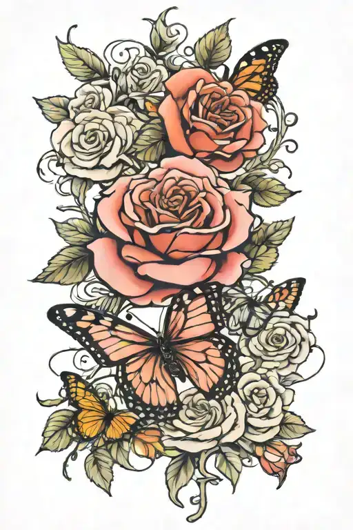 Tattoo Design With Rose Branch And Dollar And Butterfly And Color