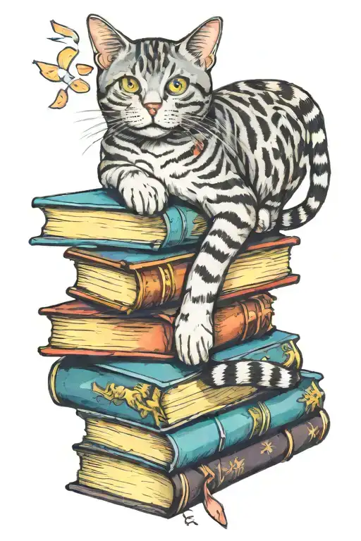 Gray Tabby Cat Laying On A Stack Of Different Colored Books