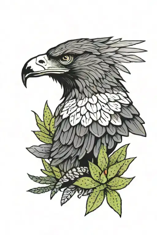 A Black And Grey Eagle With A Snake In Its Mouth With Colored Cactus In The Back