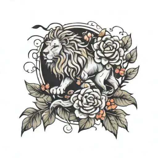 Tree Birds Flowers Lion