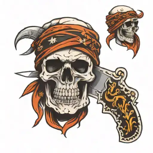 Skull That Wears A Bandana And Bites A Knife