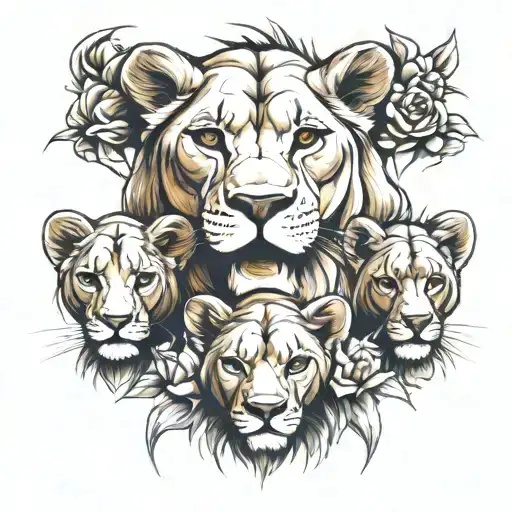 Lioness And 4 Lion Cubs