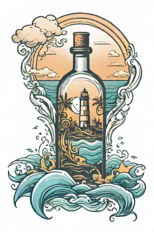 Message In A Bottle Floating In The Sea With Sunet And Island In The Background