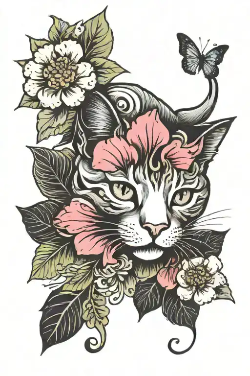 Cat Face With Hibiscus