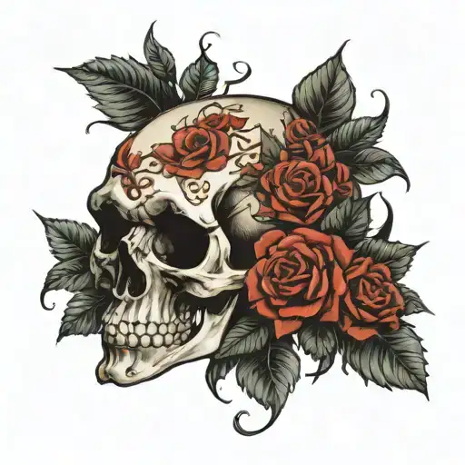 Old Overgrown Skull And Roses Blooming