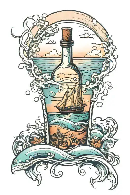 Message In A Bottle Floating In The Sea With Sunet And Island In The Background