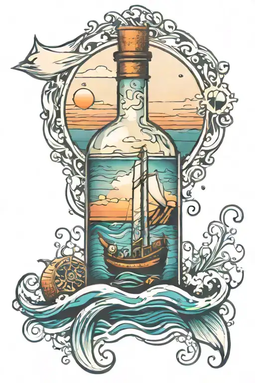 Message In A Bottle Floating In The Sea With Sunet And Island In The Background