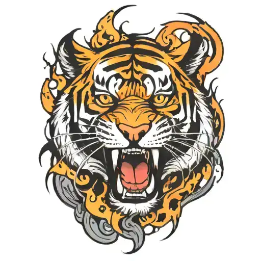 Tiger In Flames In Cartoon Style