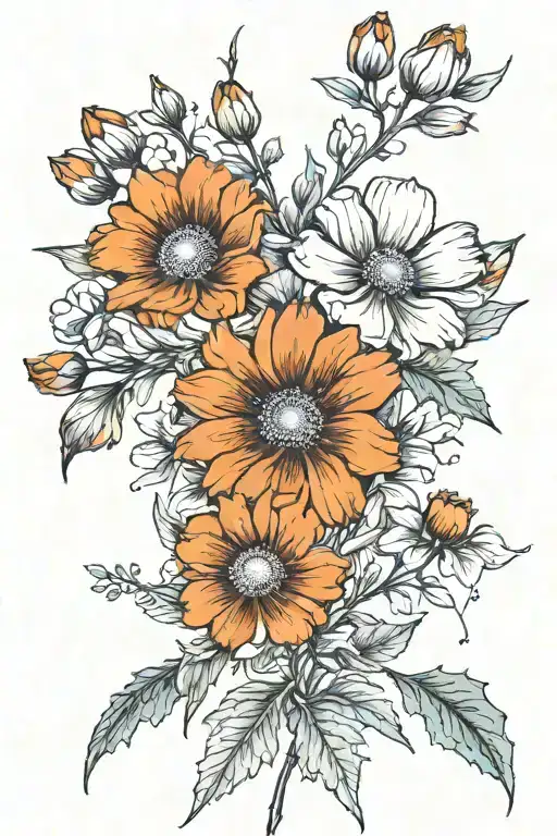 Cosmos And Marigold Flowers In A Line