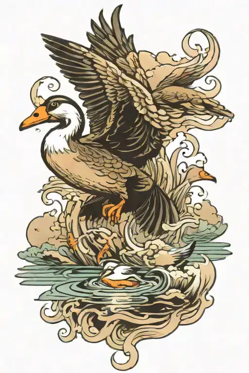 Smokey Mountain Tattoo With A Flying Duck Over Water